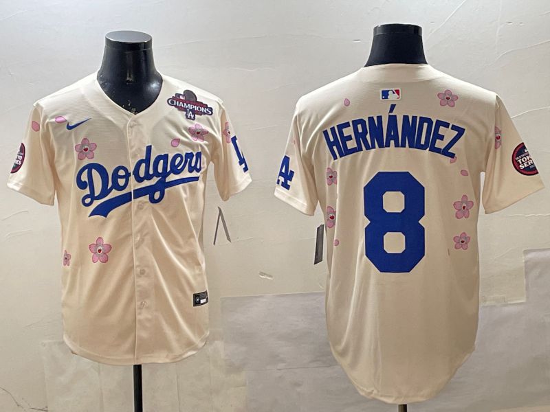 Men Los Angeles Dodgers 8 Hernandez Cream Sakura Edition 2025 Nike MLB Jersey style 2